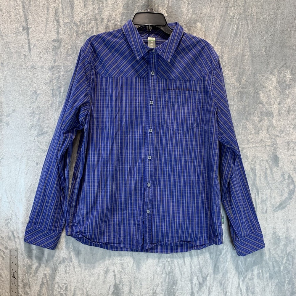 Stio Mens Button Up Shirt L Blue Plaid Hiking Camping Outdoors Nylon Long Sleeve